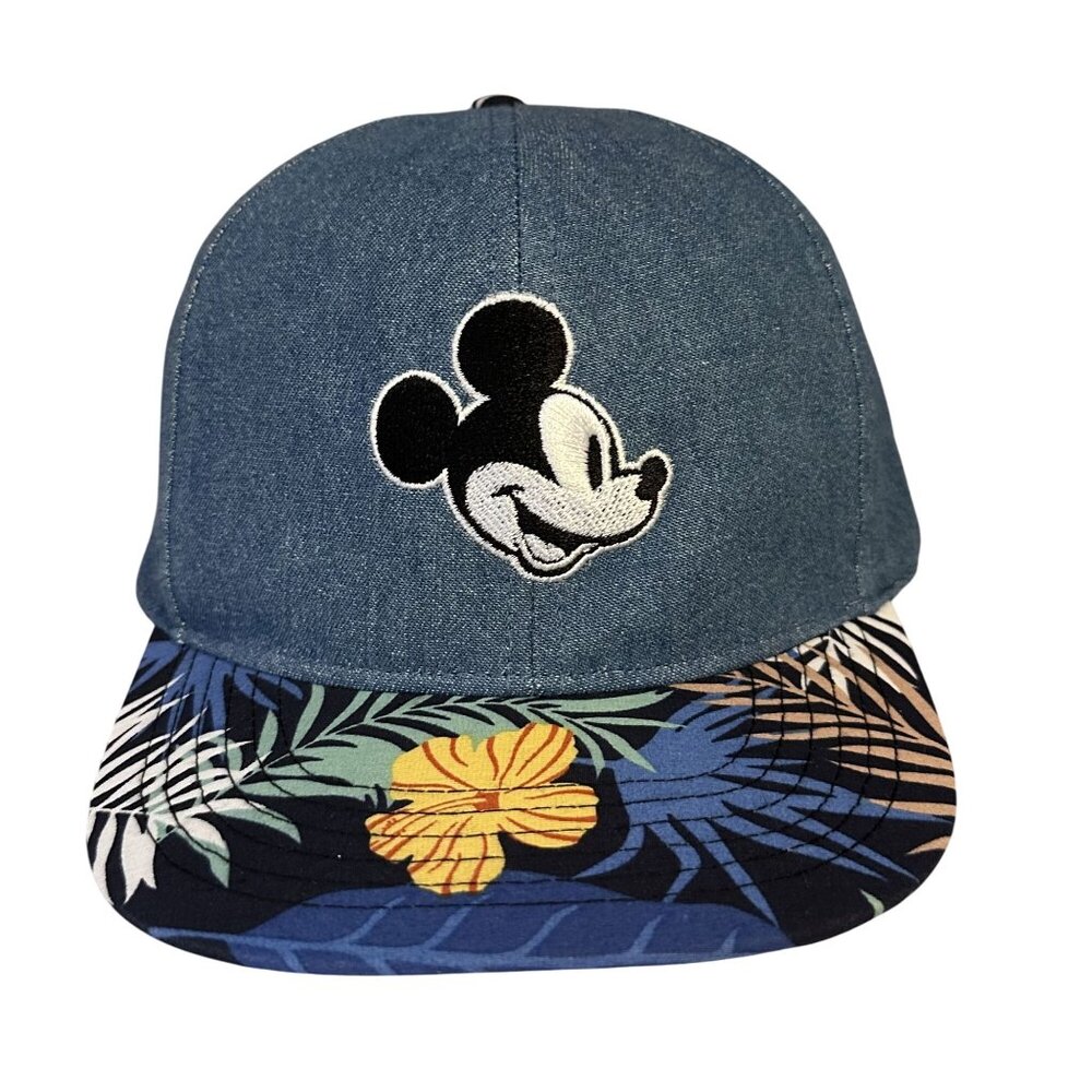 Disney Mickey Mouse Denim Floral Hawaiian Strapback Cap Adjustable Youth Blue